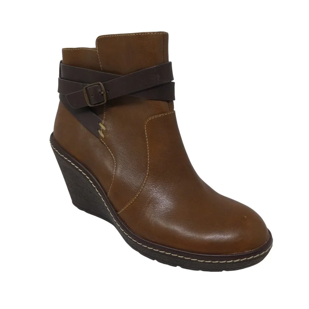 Sofft Caralee Brown Leather Wedge Heel Ankle Boots Booties Womens‎ 7.5